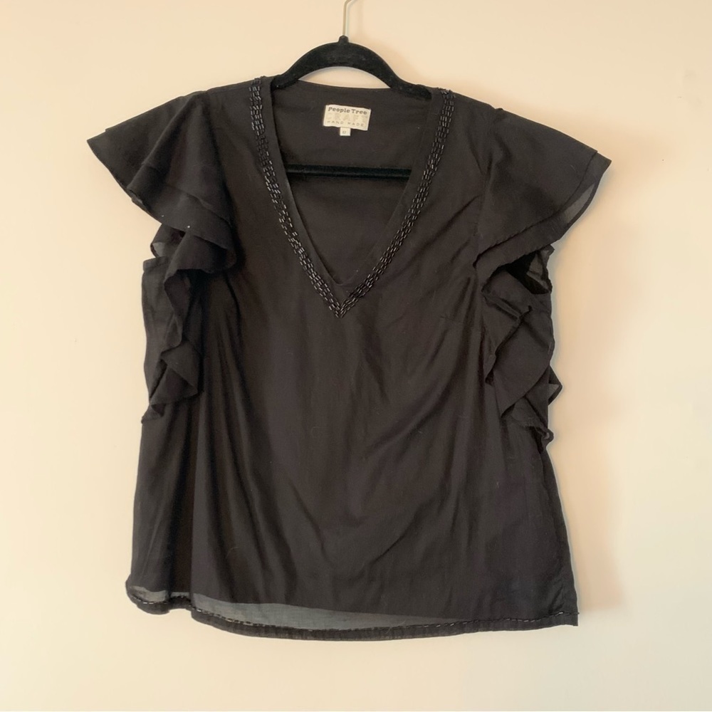People Tree Craft Beaded V Neck Ruffle Sleeve Top